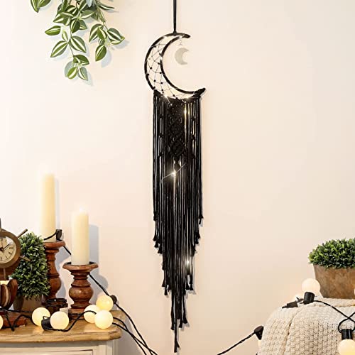 Black Macrame Moon Dream Catcher Witchy Crescent Phase Woven Wall Hanging with Light Handmade Gothic Bohemian Nursery Decor with Star Decoration for Home Bedroom for Girl Kids