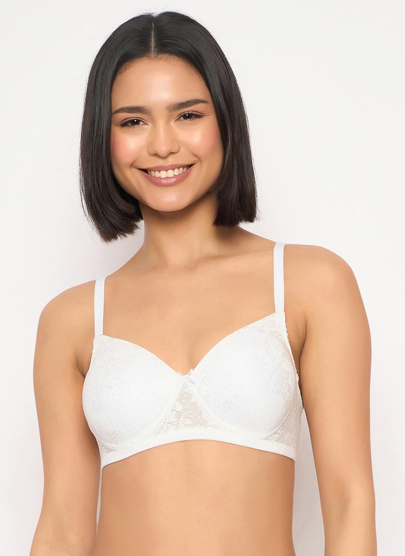 Clovia Lace Padded Non-Wired Full Coverage Bra in White - Image 2
