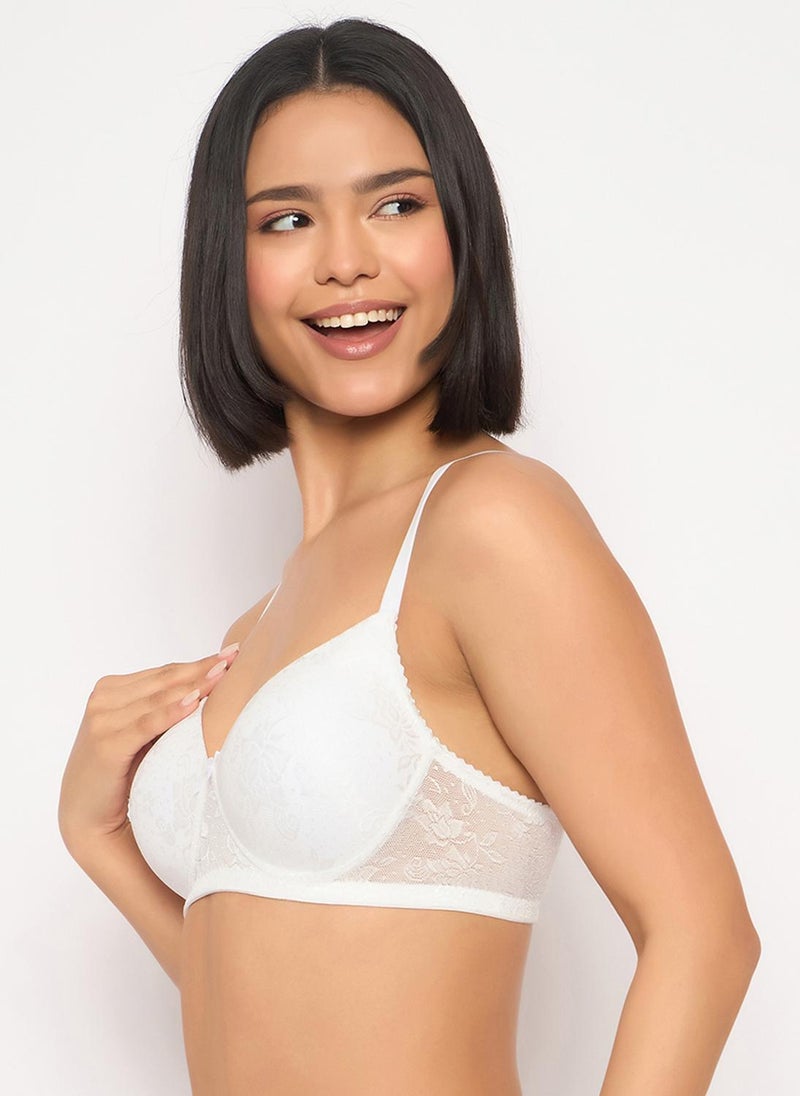 Clovia Lace Padded Non-Wired Full Coverage Bra in White - Image 3