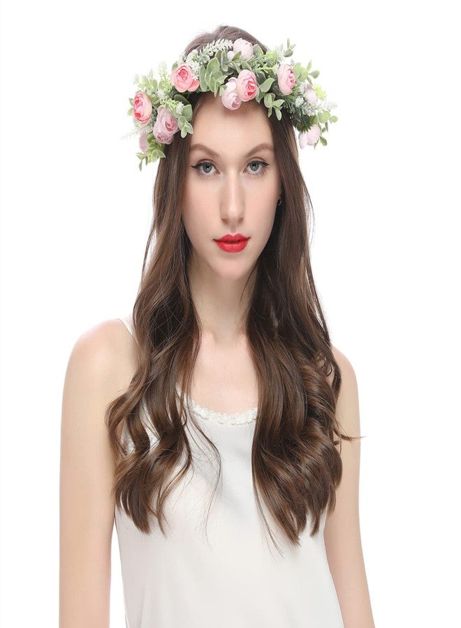 Vivivalue Women Flower Crown Flower Garland Headband Hair Wreath Floral Headpiece Halo Boho with Ribbon Wedding Party Photos Pink - Image 5