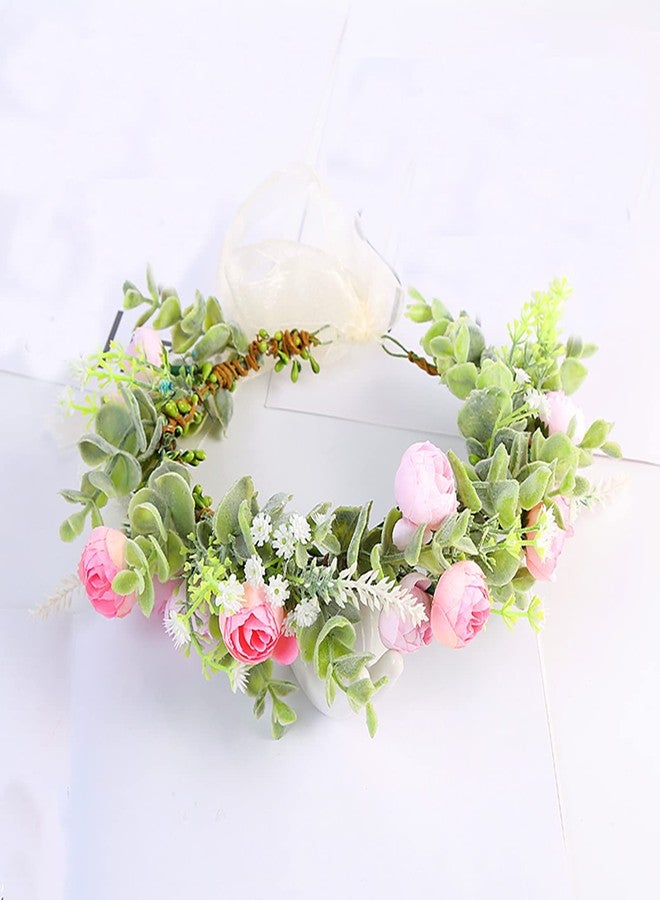 Vivivalue Women Flower Crown Flower Garland Headband Hair Wreath Floral Headpiece Halo Boho with Ribbon Wedding Party Photos Pink - Image 3