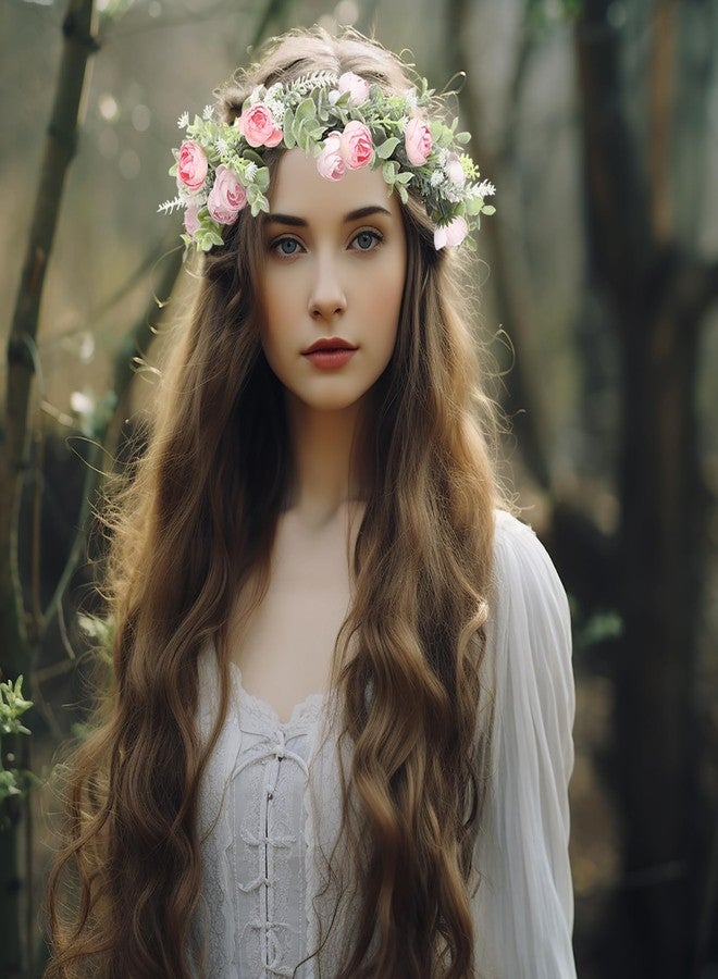 Vivivalue Women Flower Crown Flower Garland Headband Hair Wreath Floral Headpiece Halo Boho with Ribbon Wedding Party Photos Pink - Image 4