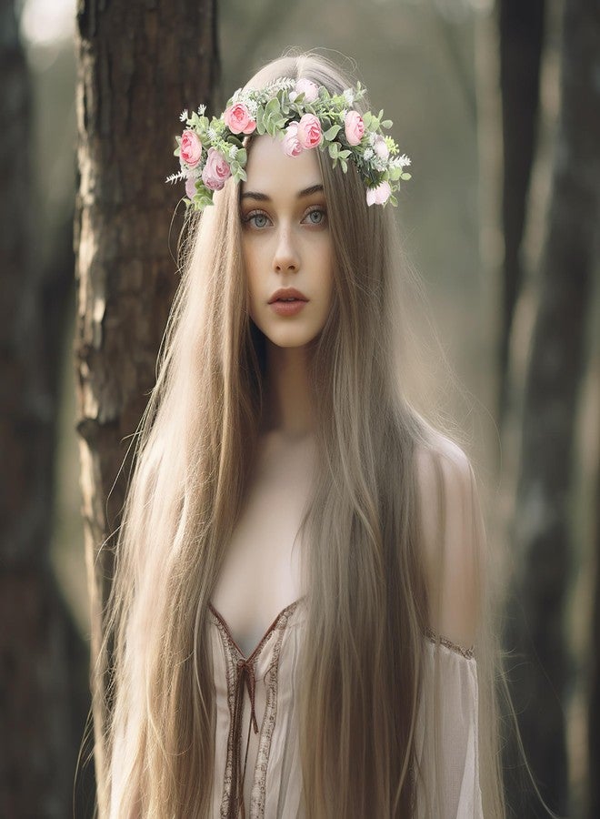 Vivivalue Women Flower Crown Flower Garland Headband Hair Wreath Floral Headpiece Halo Boho with Ribbon Wedding Party Photos Pink - Image 2
