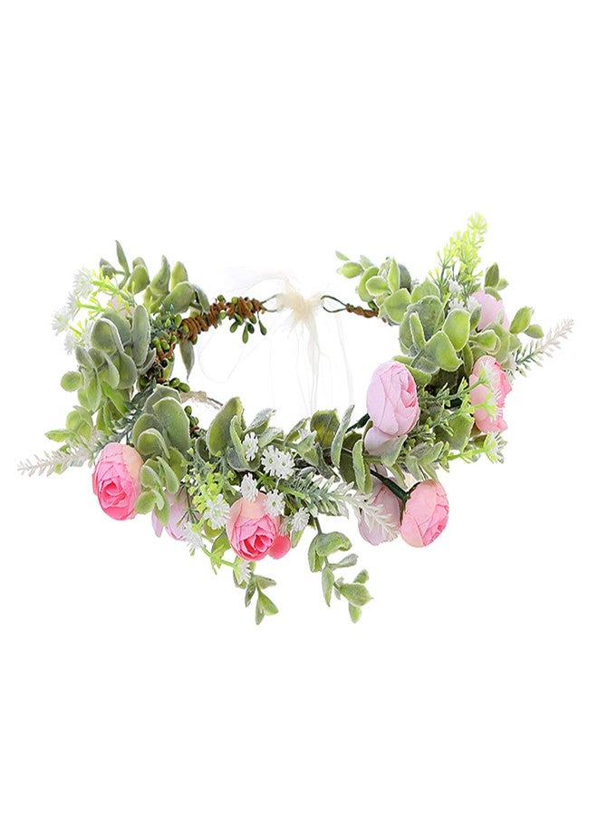Vivivalue Women Flower Crown Flower Garland Headband Hair Wreath Floral Headpiece Halo Boho with Ribbon Wedding Party Photos Pink - Image 1