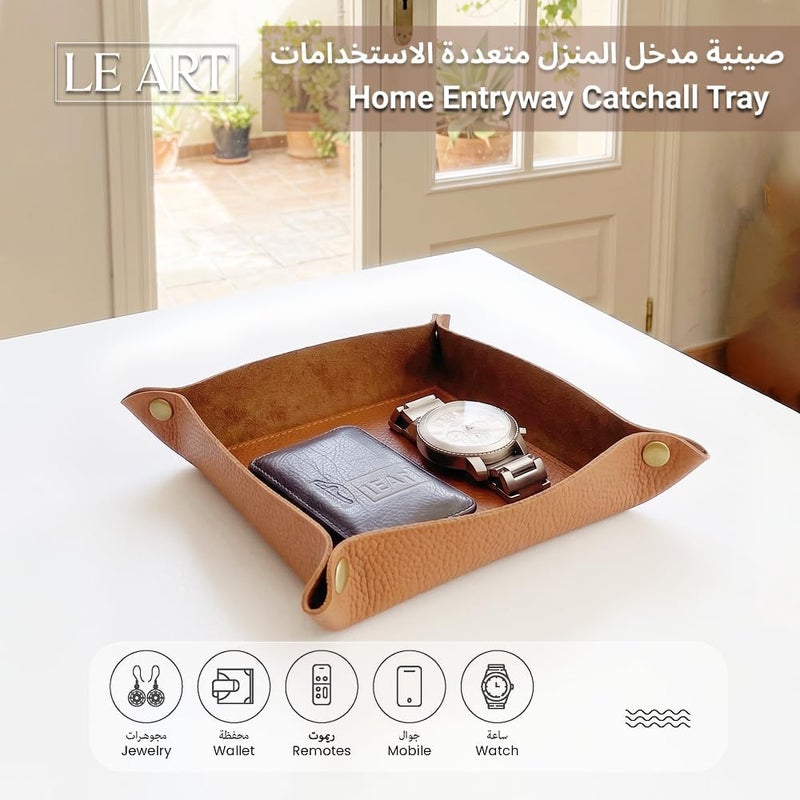 لي آرت صينية تخزين جلدية LEART - صينية صغيرة ومدمجة متعددة الاستخدامات | منظم للمكتب، بجانب السرير، مدخل المنزل | صينية جلدية للمفاتيح، العملات المعدنية، القرطاسية، المجوهرات (بني) - Image 3