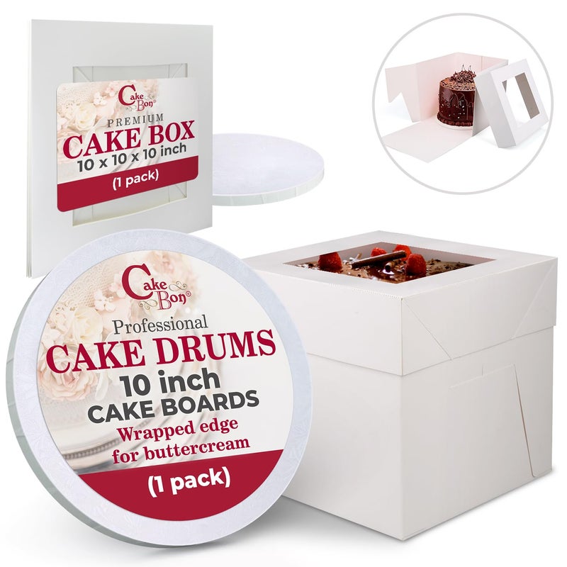 Cakebon Cake Boxes with Drums - 10 Inch Round White Cake Boards/Base para Pasteles (1-Pack) - Caja para Pasteles with Window for Birthdays, Weddings and Parties - Image 1