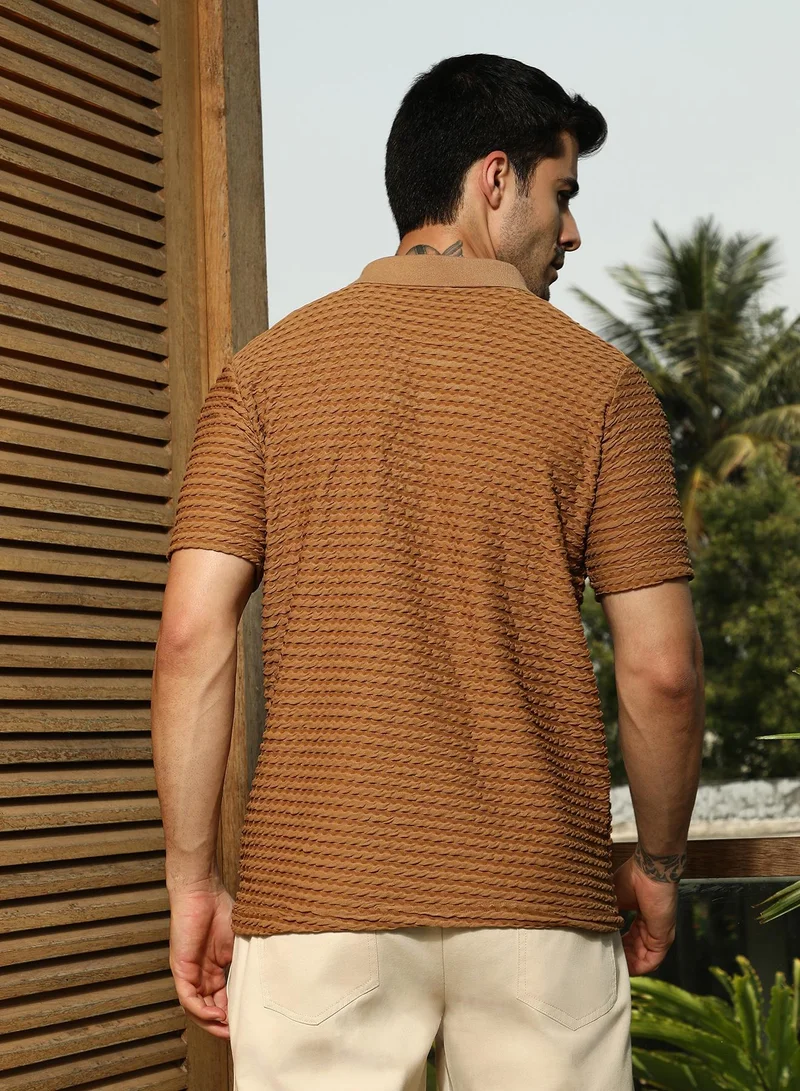 CAHOOT  Men's Coffee Brown Crease-Tactile Cuban Polo T-Shirt for Men | Best Price UAE