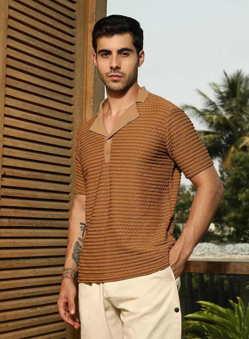 CAHOOT  Men's Coffee Brown Crease-Tactile Cuban Polo T-Shirt for Men | Best Price UAE