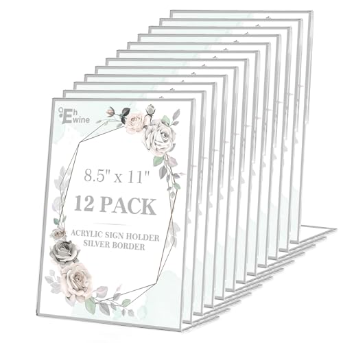 EHWINE 12 Pack Acrylic Sign Holder 8.5 x 11, Silver Picture Frame Stand up Table Top Sign Holders, Slanted Back Paper Holder Clear Display Stand Menu Flyer Holder for Wedding Party - Image 1