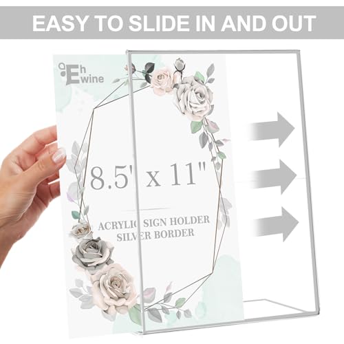 EHWINE 12 Pack Acrylic Sign Holder 8.5 x 11, Silver Picture Frame Stand up Table Top Sign Holders, Slanted Back Paper Holder Clear Display Stand Menu Flyer Holder for Wedding Party - Image 5