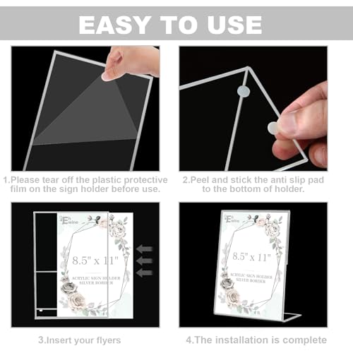 EHWINE 12 Pack Acrylic Sign Holder 8.5 x 11, Silver Picture Frame Stand up Table Top Sign Holders, Slanted Back Paper Holder Clear Display Stand Menu Flyer Holder for Wedding Party - Image 4