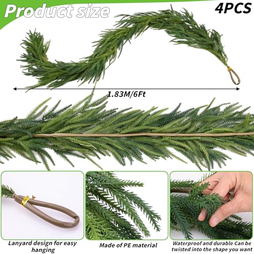Oleitodh 4 Pcs Artificial Norfolk Pine Garlands Christmas 6 FT Dense Real Touch Winter Pine Garland Ornament Green Artificial Greenery Garland for Table Mantle Wall Indoor Outdoor Christmas Decorations - Image 3