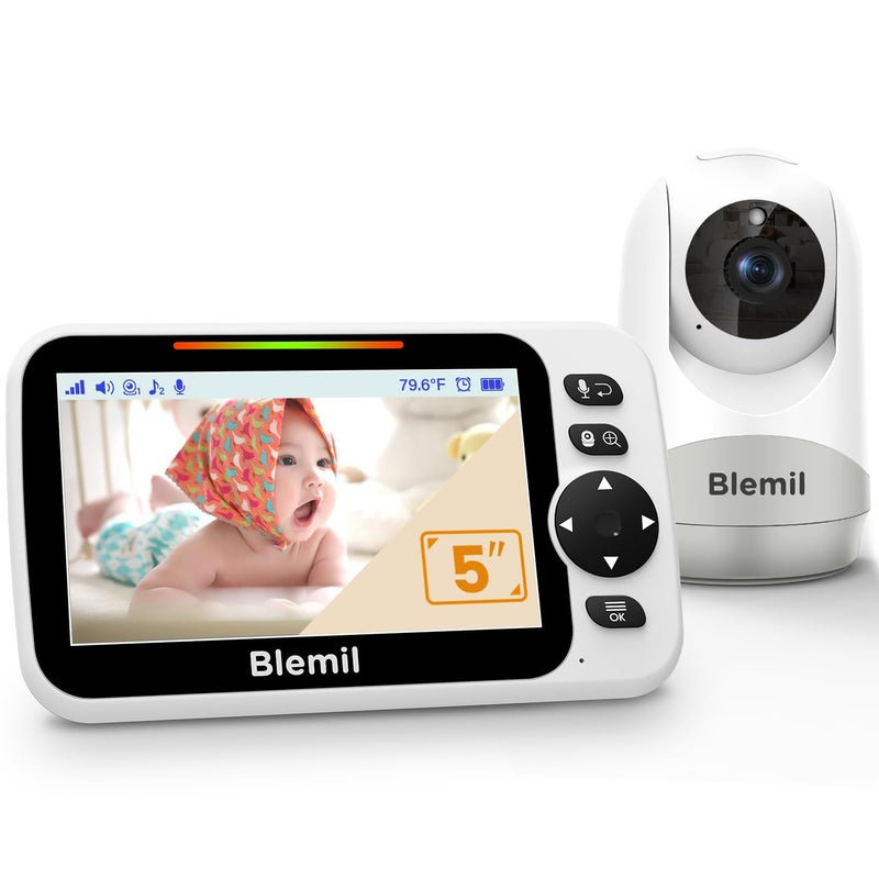 Blemil Baby Monitor with 30-Hour Battery, 5" Large Split-Screen Video Baby Monitor with Camera and Audio, 3500mAh Battery, Remote Pan/Tilt/Zoom Camera, Two-Way Talk, Night Vision, Lullabies, No WiFi - Image 1