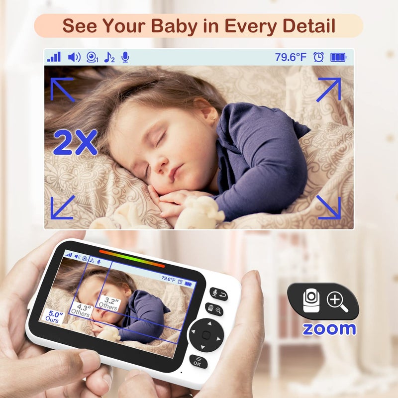 Blemil Baby Monitor with 30-Hour Battery, 5" Large Split-Screen Video Baby Monitor with Camera and Audio, 3500mAh Battery, Remote Pan/Tilt/Zoom Camera, Two-Way Talk, Night Vision, Lullabies, No WiFi - Image 5