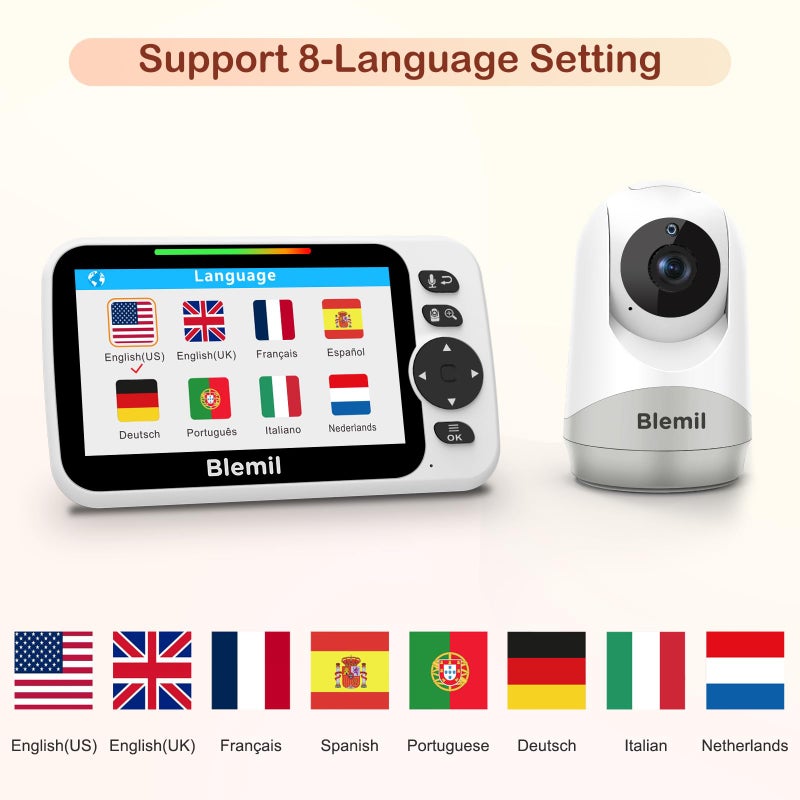 Blemil Baby Monitor with 30-Hour Battery, 5" Large Split-Screen Video Baby Monitor with Camera and Audio, 3500mAh Battery, Remote Pan/Tilt/Zoom Camera, Two-Way Talk, Night Vision, Lullabies, No WiFi - Image 4
