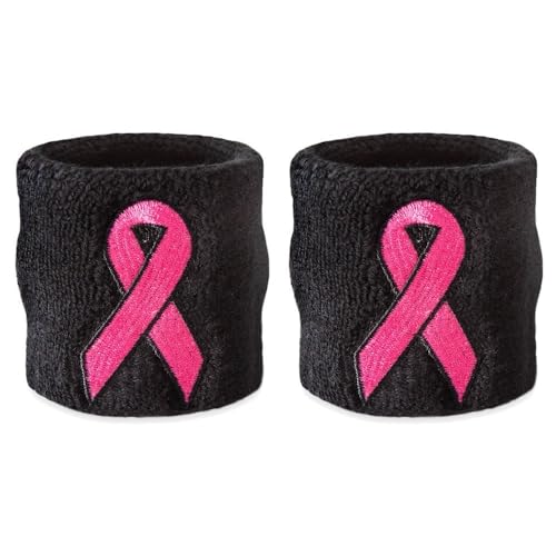Suddora Pink Ribbon Wristbands - Breast Cancer Awareness Sweatband Pairs (Black) - Image 1
