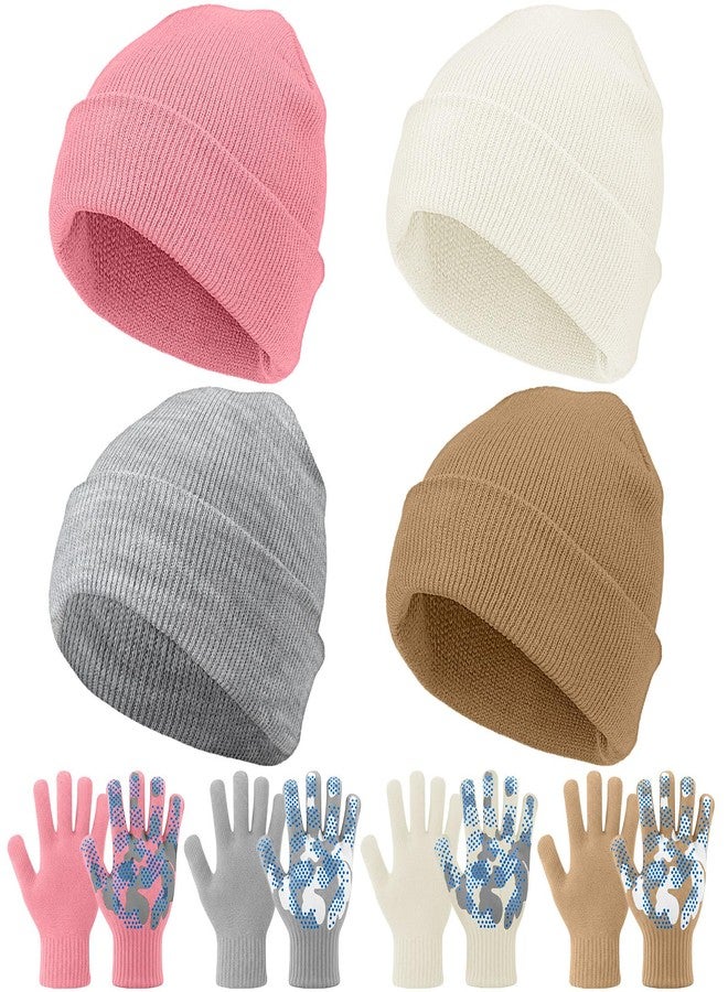 Evervibe 8 Pack Kids Beanie Hats and Gloves Set Knitted Beanies Hat Warm Stretch Gripper Gloves Winter Hats for Boys Girls(Light,5-11 Years) - Image 1