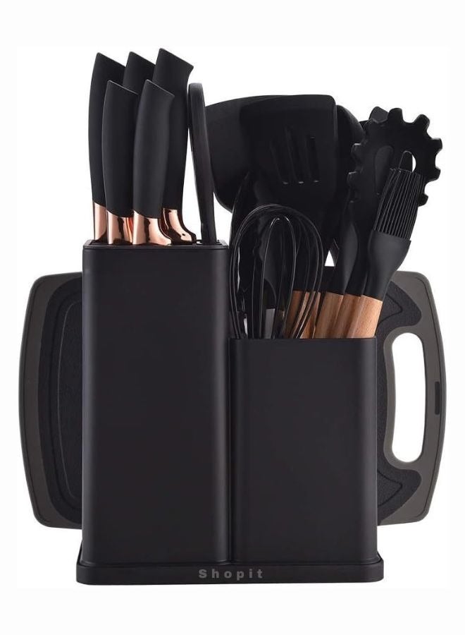 بيتشو طقم أدوات مطبخ، ١٩ قطعة، أدوات مطبخ احترافية وأنيقة للطهاة. تتضمن المجموعة سكاكين، ملاعق، ملاعق، مغارف، مثالية كهدية زفاف أو كهدية منزلية. طقم أدوات مطبخ سيليكون احترافي للطهاة، أسود. - Image 1