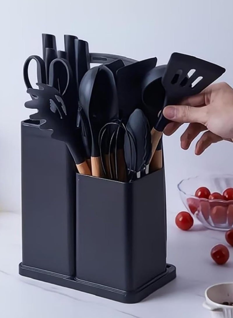 بيتشو طقم أدوات مطبخ، ١٩ قطعة، أدوات مطبخ احترافية وأنيقة للطهاة. تتضمن المجموعة سكاكين، ملاعق، ملاعق، مغارف، مثالية كهدية زفاف أو كهدية منزلية. طقم أدوات مطبخ سيليكون احترافي للطهاة، أسود. - Image 2