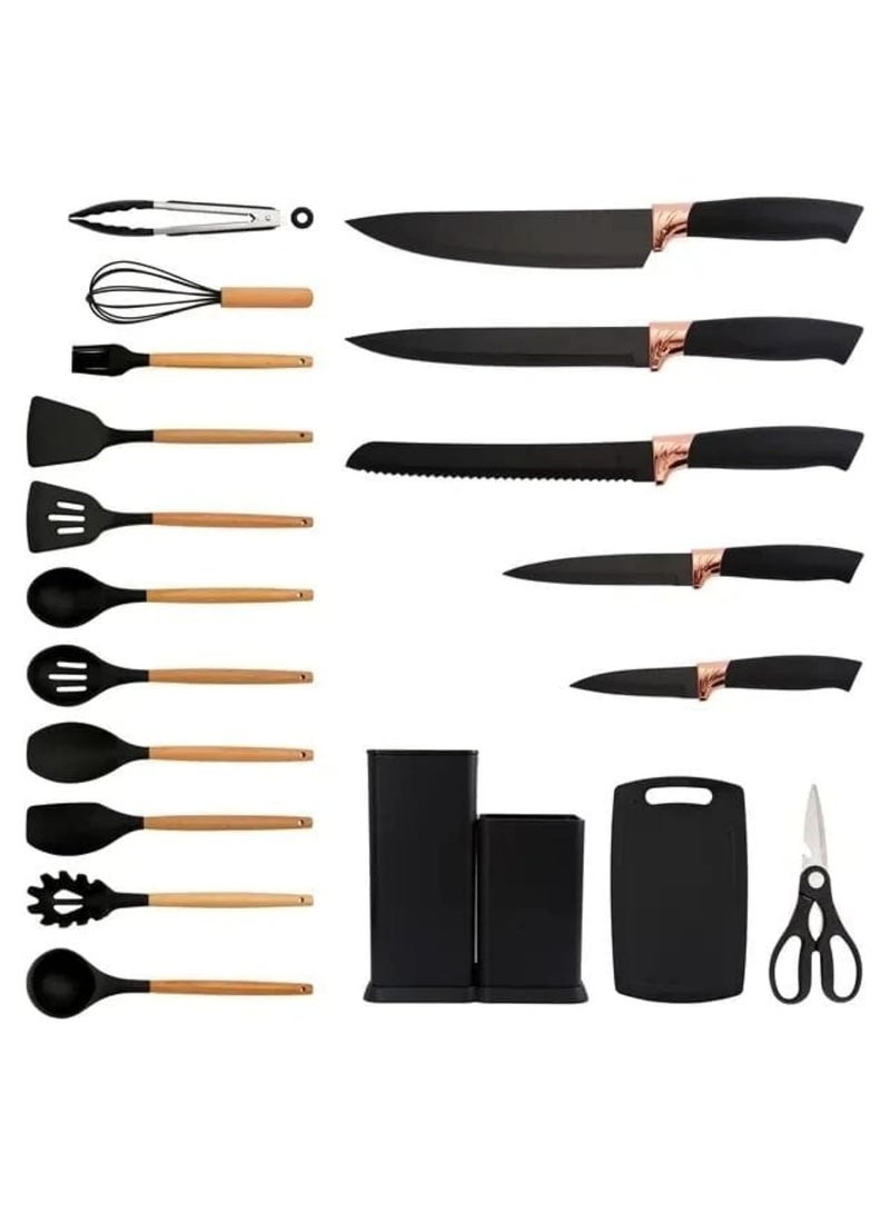 بيتشو طقم أدوات مطبخ، ١٩ قطعة، أدوات مطبخ احترافية وأنيقة للطهاة. تتضمن المجموعة سكاكين، ملاعق، ملاعق، مغارف، مثالية كهدية زفاف أو كهدية منزلية. طقم أدوات مطبخ سيليكون احترافي للطهاة، أسود. - Image 5