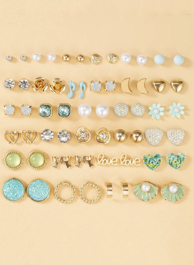 36 Pairs Stud Earrings Set for Women and Girls Gold & Silver Tone, Pearl, Crystal, Heart, Flower, Bow Styles Fashion Jewelry Gift for Daily Wear, Eid, Party, Birthday, Travel  - Image 1