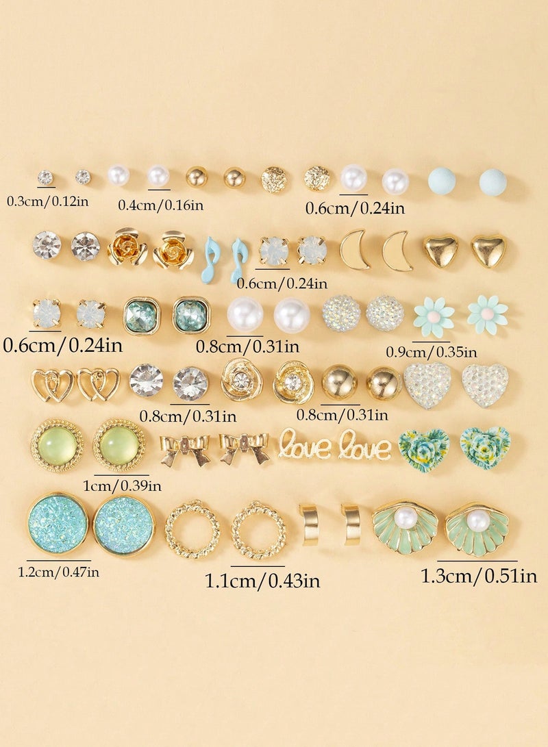 36 Pairs Stud Earrings Set for Women and Girls Gold & Silver Tone, Pearl, Crystal, Heart, Flower, Bow Styles Fashion Jewelry Gift for Daily Wear, Eid, Party, Birthday, Travel  - Image 2