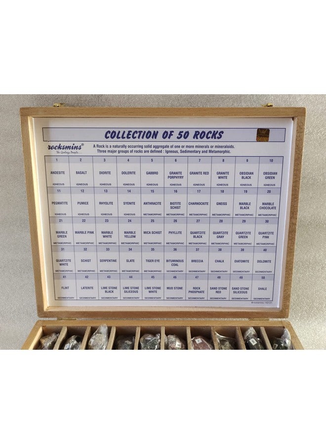 Rocksmins Rocksmins RO50WB-Export-SC Collection of 50 Rocks in a Export Quality Steam Beach Wood Wooden Box 50 Big Specimen Set of Rock Igneous Sedimentary Metamorphic Rock Collection Geology Kits for Study - Image 2