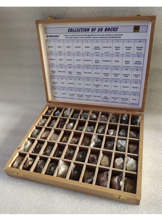 Rocksmins Rocksmins RO50WB-Export-SC Collection of 50 Rocks in a Export Quality Steam Beach Wood Wooden Box 50 Big Specimen Set of Rock Igneous Sedimentary Metamorphic Rock Collection Geology Kits for Study - Image 4