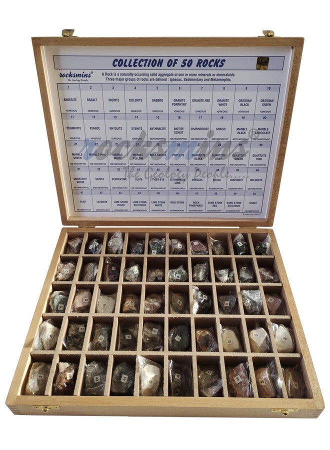 Rocksmins Rocksmins RO50WB-Export-SC Collection of 50 Rocks in a Export Quality Steam Beach Wood Wooden Box 50 Big Specimen Set of Rock Igneous Sedimentary Metamorphic Rock Collection Geology Kits for Study - Image 1