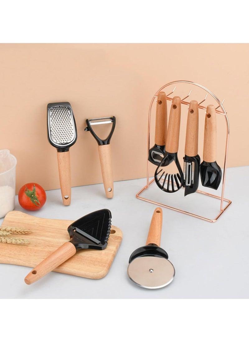 8 Pcs Cooking Kitchen Utensils Set with Holder and Non-Slip Wooden Handles Cooking Tool, Wooden Handle Grater Set, for Kitchen Heat Resistant Kitchen Cooking Utensils Set for Nonstick Cookware - Image 2