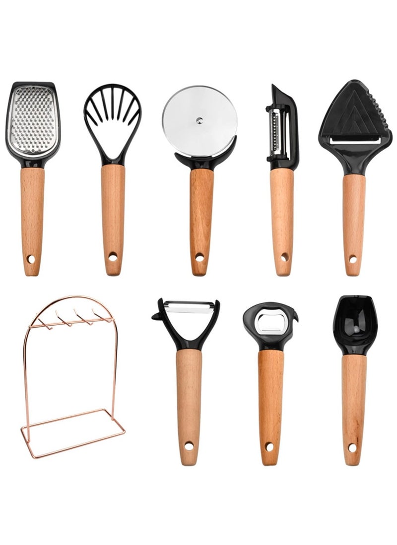 8 Pcs Cooking Kitchen Utensils Set with Holder and Non-Slip Wooden Handles Cooking Tool, Wooden Handle Grater Set, for Kitchen Heat Resistant Kitchen Cooking Utensils Set for Nonstick Cookware - Image 1