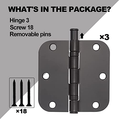 Vervida 3 Pack Matte Black Door Hinges Black 3.5 x 3.5 Inch Interior Door Hinges 3 1/2 Inch Thicken with Round 5/8" Radius Corners, Hardware Door Hinge Replacement - Image 4