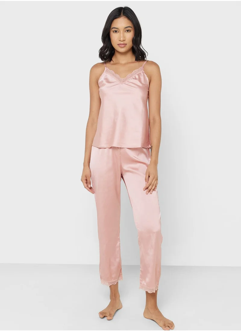 Ginger Lace Detail Satin Cami Top & Pyjama Set