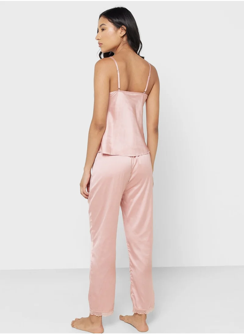 Ginger Lace Detail Satin Cami Top & Pyjama Set