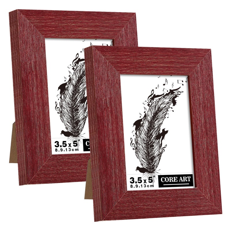 CORE ART 3.5x5 Picture Frame  Handmade Wood Rustic Red Photo Frame Set of 2  High Definition Semi-tempered Glass Wall or Tabletop Display - Image 1