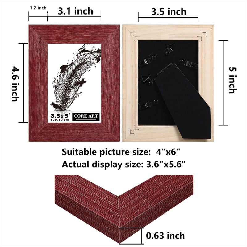CORE ART 3.5x5 Picture Frame  Handmade Wood Rustic Red Photo Frame Set of 2  High Definition Semi-tempered Glass Wall or Tabletop Display - Image 2