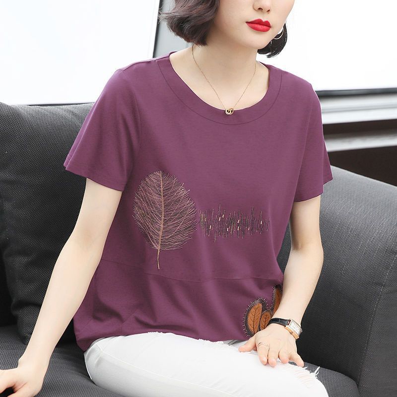 Women'S Cotton Embroidered Short-Sleeved T-Shirt For Middle-Aged Mothers Plus Size 2023 Trendy Korean Style Loose Top - Image 1