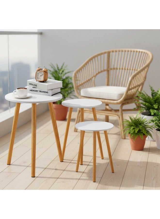 DubaiGallery Elegant Set of 3 Round Nesting Coffee Tables with White Marble-Effect Tabletops and Durable Natural Wood Legs, Space-Saving Contemporary Furniture for Living Room, Bedroom, Guest Room, Office, Lounge, and Modern Interior - Image 1