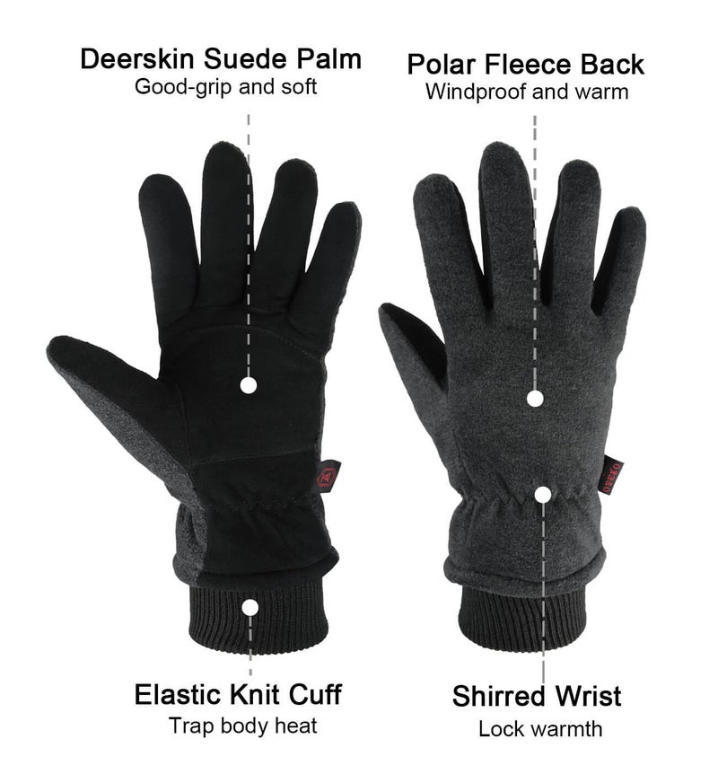 OZERO Winter Gloves Deerskin Leather Thermal Bike Glove Warm Fleece for Snow Skiing Driving Cycling Hiking Runing Hand Warmer in Cold Weather for Women and Men Medium Gray - Image 2