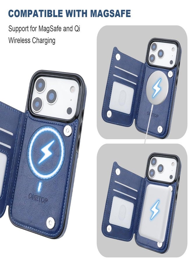 OT ONETOP جراب محفظة متوافق مع Magsafe لهاتف iPhone 17 Pro من ONETOP مع حامل بطاقات، مصنوع من جلد PU مع مسند، مزود بتقنية حجب RFID، مزود بمشبك مغناطيسي مزدوج وغطاء متين مقاوم للصدمات، مقاس 6.3 بوصة (أزرق). - Image 5