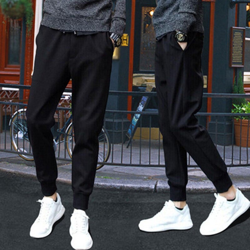 Mens Casual Work Pants Durable Loose Fit Leather Rope Casual Pants Black