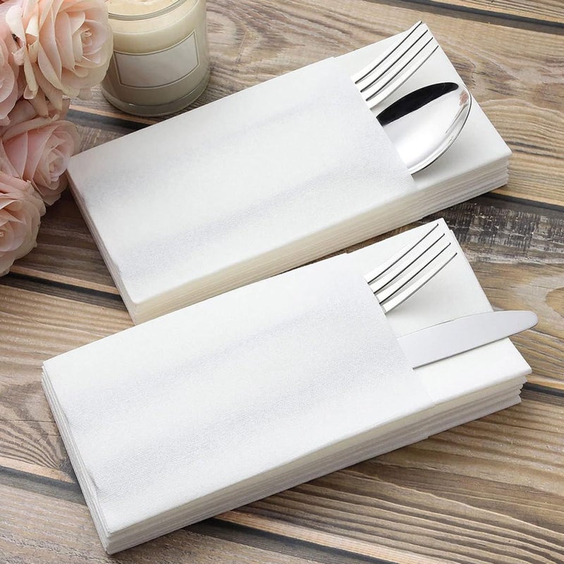 50pcs White Disposable Pocket Napkins 40x40cm Thick Paper Dinner Napkins with Silverware Pocket for Wedding, Party, Shower, Restaurant Use - Image 4