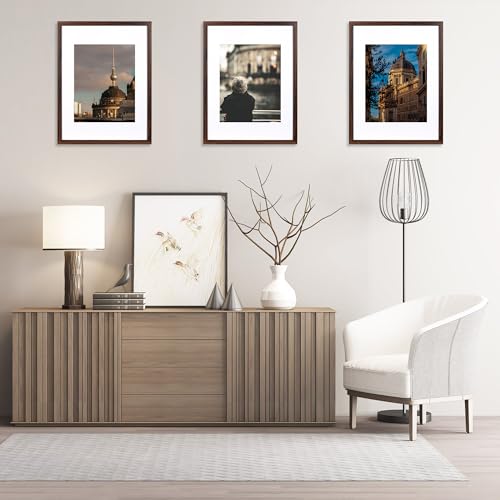 Hogaryo Set of 3 12x16 Picture Frame Brown can Display 8.5x11 Picture with Mat or 12x16 Without Mat on the Wall - Image 2