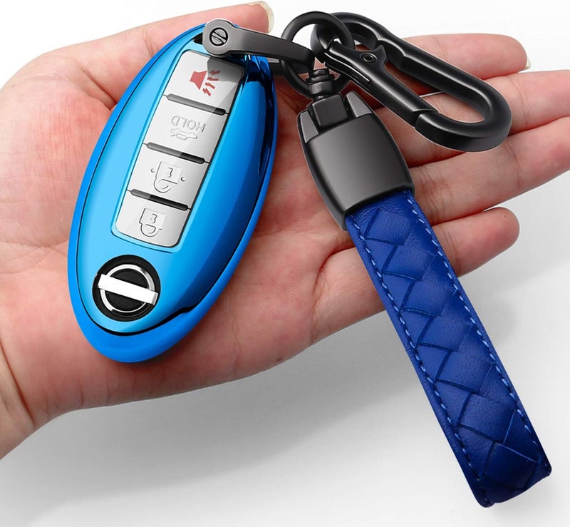 Autophone TPU Leather Fob Cover with Keychain for Nissan/Altima Maxima Rogue Armada Pathfinder Infiniti (Blue) - Image 1
