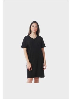 Short Sleeves Solid Home Dress With Slits - Black