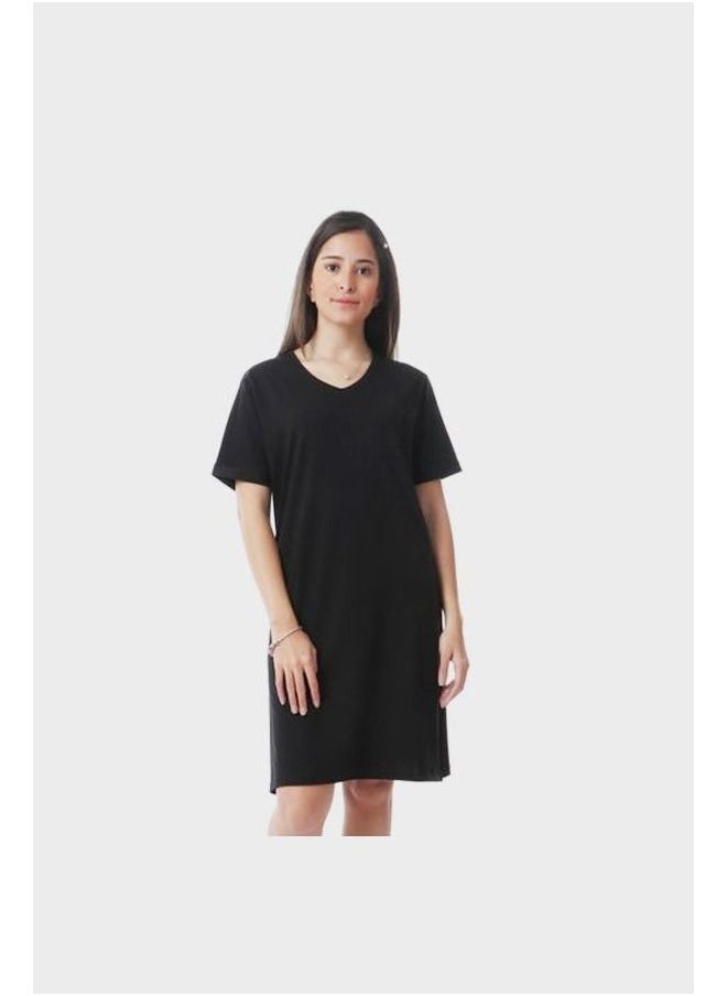 IZOR - Short Sleeves Solid Home Dress With Slits - Black - Image 1