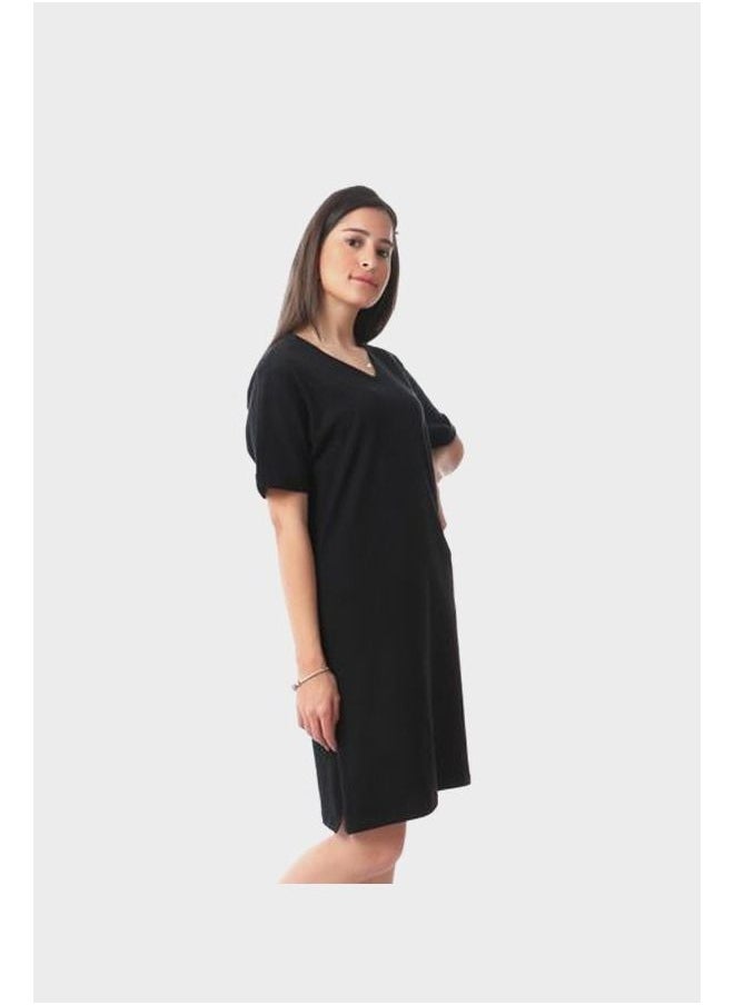 IZOR - Short Sleeves Solid Home Dress With Slits - Black - Image 1
