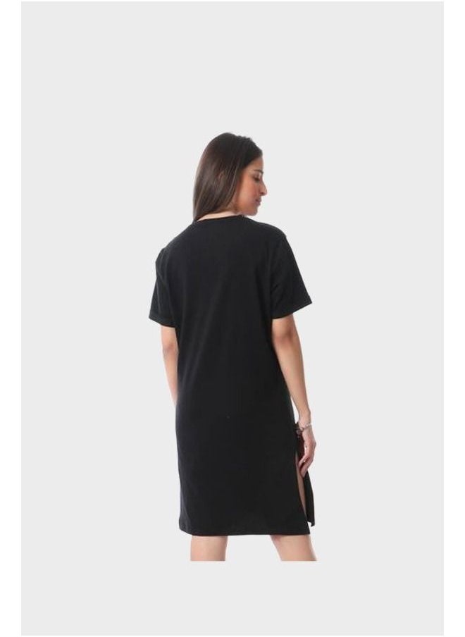 IZOR - Short Sleeves Solid Home Dress With Slits - Black - Image 1