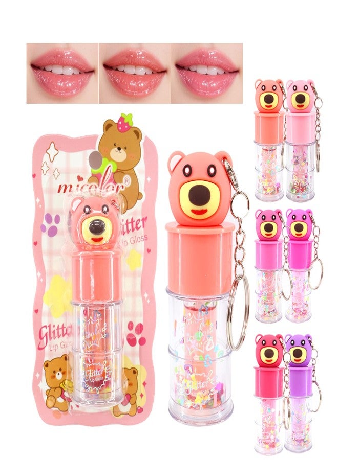 DENESTUP 6 Pcs Hydrating Lip Gloss Set, Shimmer Glossy Moisturizing Lip Jelly Sequins and Sparkles Lip Make-Up for Women Party Gift Cute Bear Keychain Design - Image 1