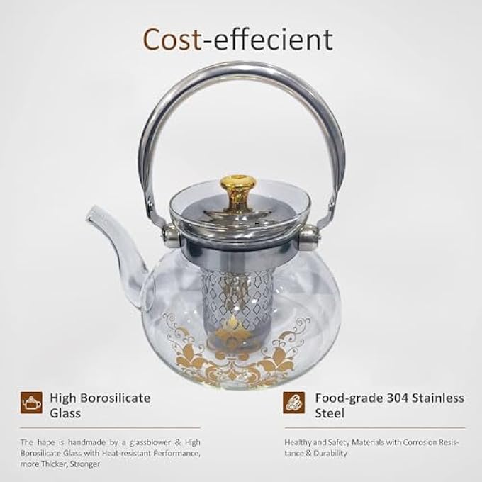 ECVV 1000Ml Glass Teapot Stovetop Safe Tea Kettle With Removable Infuser For Home Office Blooming  Loose Leaf Teapots Stovetop Transparent - Image 4